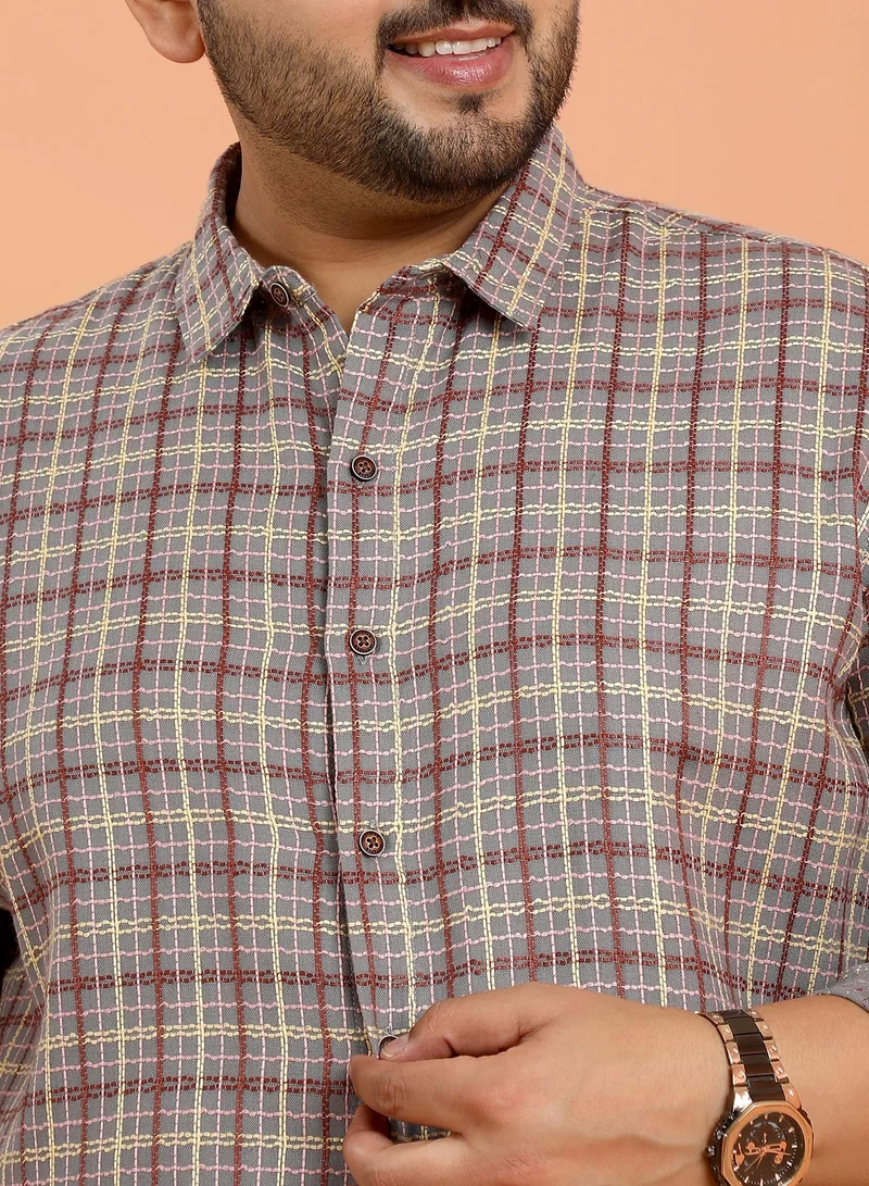 Instafab Plus Instafab Plus Men's Coin Grey Tartan-Weave Regular Shirt For Casual Wear | Spread Collar | Long Cuffed Sleeves | Button Closure | Plus Size Shirt Crafted With Comfort Fit For Everyday Wear