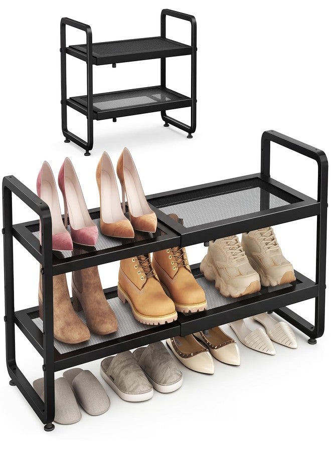 SAYZH Expandable Shoe Rack for Closet, Adjustable Metal Shoe Organizer with Sturdy Mesh Shelves for Boots & Heels, Stackable Shoe Storage for Entryway, Garage, Small Spaces (Black, 2-Tier) - Image 1