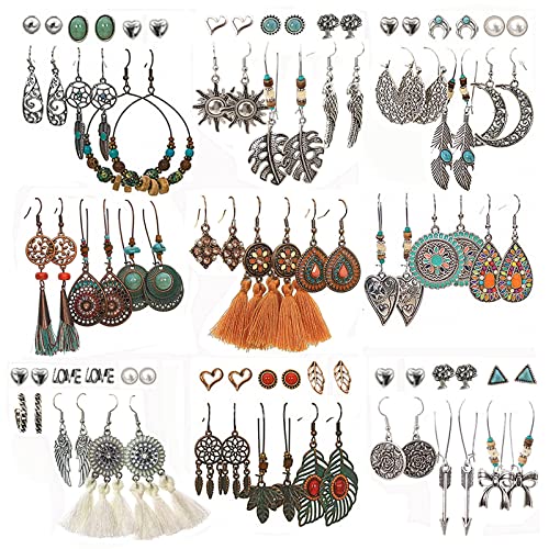 JMScape 45 Pairs Boho Vintage Drop Dangle Earrings Set for Women, Fashion Bohemian Earrings National Style Tassel Eardrop Hollow Bronze Waterdrop Leaf Jewelry for Valentine's Day Gifts - Image 1
