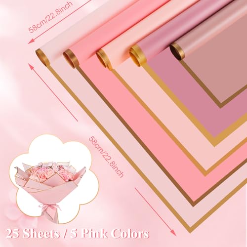 woric 25 Sheets Flower Wrapping Paper Pink Waterproof Floral Bouquet Wrapping Paper for Graduation Bouquets Birthday DIY Crafts Gift Wrapping 5 Color Pink Series - Image 3