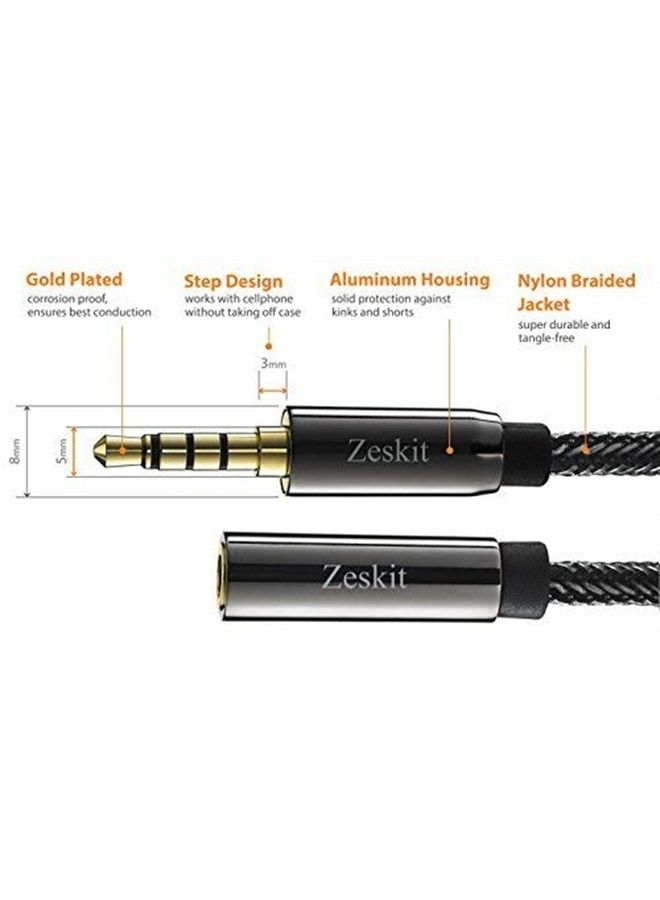 Premium 3.5mm Jack Male to Female AUX Audio Extension Cable, TRRS 4 Poles for Headphones with Mic, Speakers - 6ft