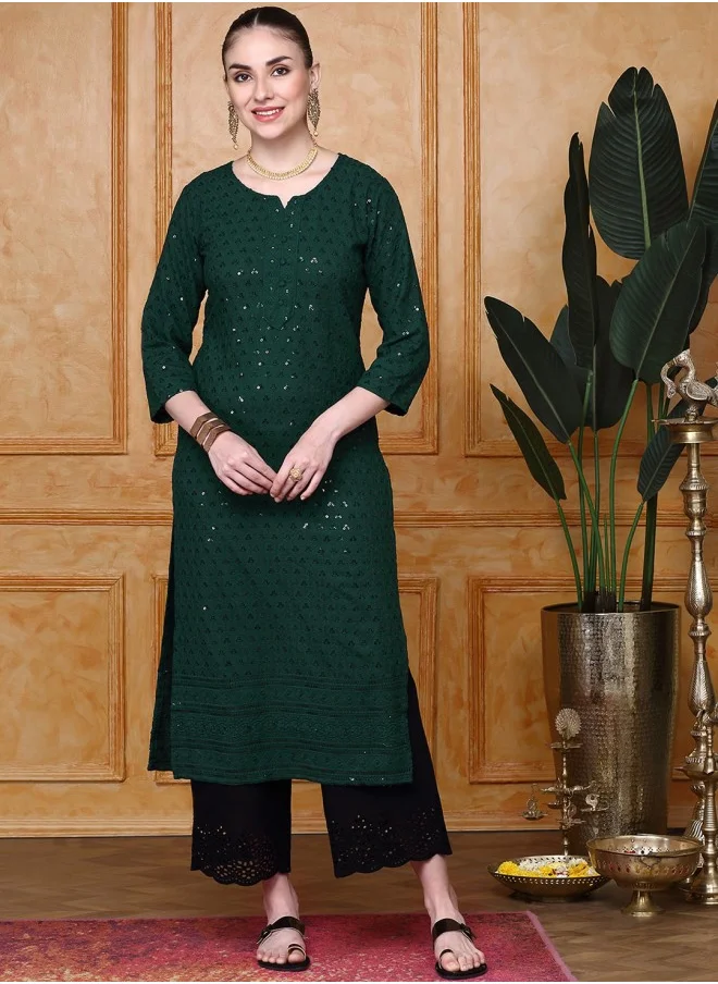 ISHIN Aline Fit Self Design Pattern Round Neck Neck Three-Quarter Sleeves GREEN Colour Woven Cotton Kurtas for Women with Semi Elastic Closure - Crafted for Elegance and Ease