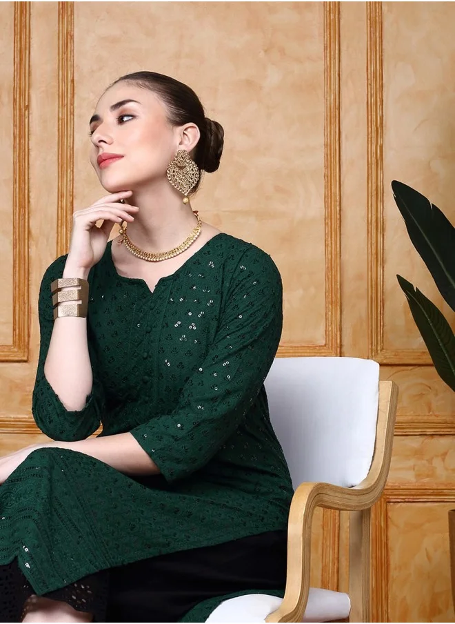 ISHIN Aline Fit Self Design Pattern Round Neck Neck Three-Quarter Sleeves GREEN Colour Woven Cotton Kurtas for Women with Semi Elastic Closure - Crafted for Elegance and Ease