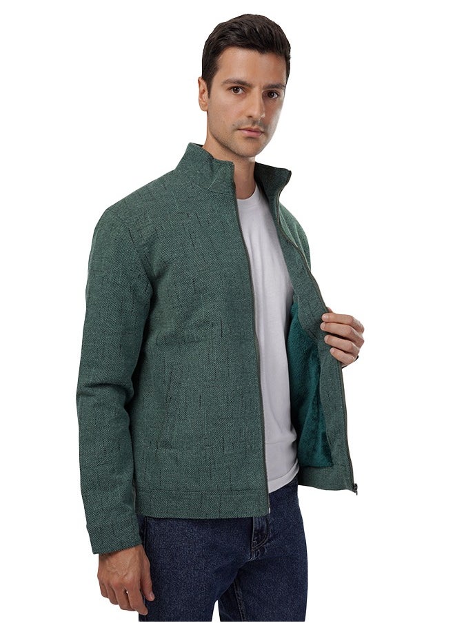 clever - Men's Gabardine Jacket -With Collar With Fur - Green - Image 1