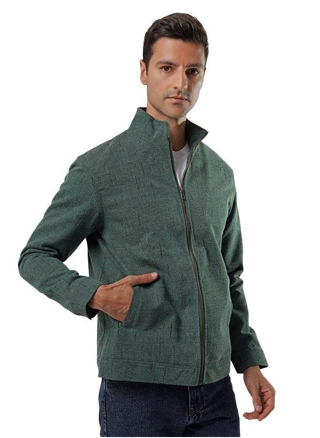 clever - Men's Gabardine Jacket -With Collar With Fur - Green - Image 1