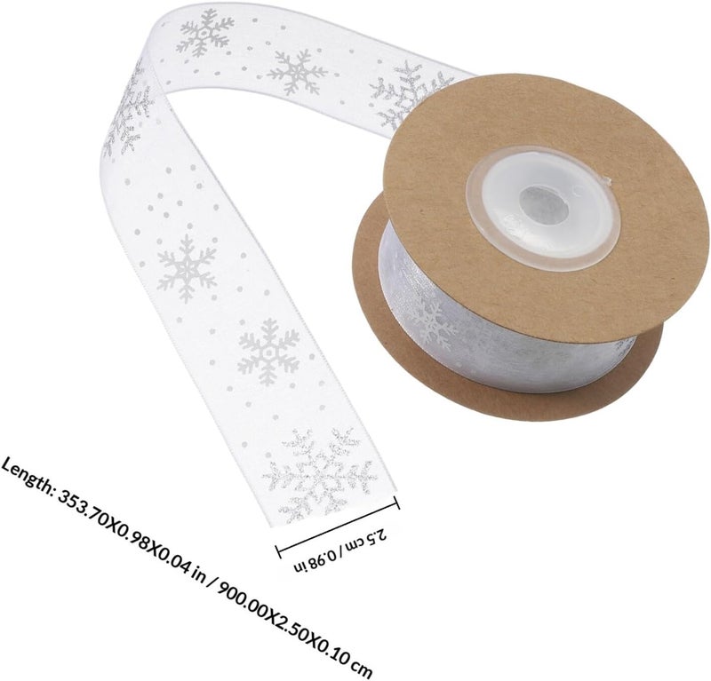 25mm White Snowflake Decorative Ribbon Chiffon Ribbon with Glitter Pattern 9 Meters Roll for Christmas Crafts Hair Bows Floral Bouquets and Holiday Packaging - Image 2