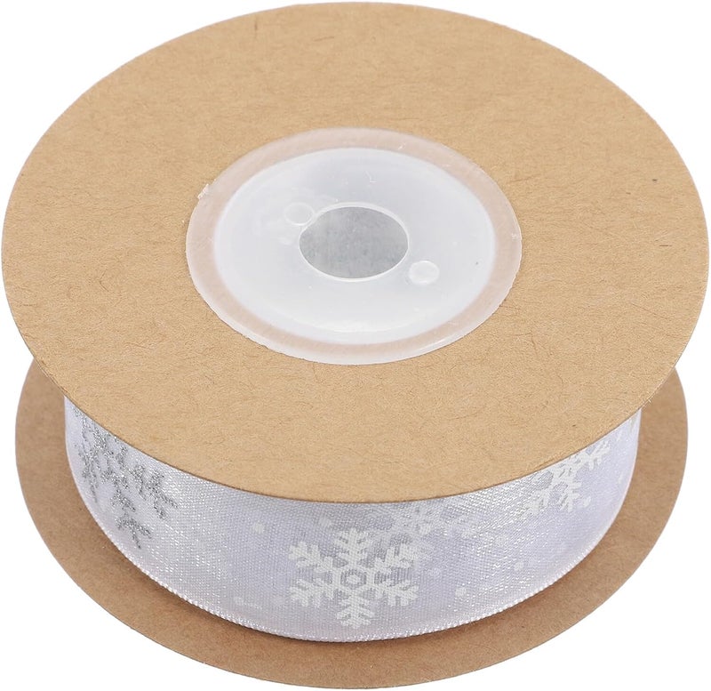 25mm White Snowflake Decorative Ribbon Chiffon Ribbon with Glitter Pattern 9 Meters Roll for Christmas Crafts Hair Bows Floral Bouquets and Holiday Packaging - Image 1