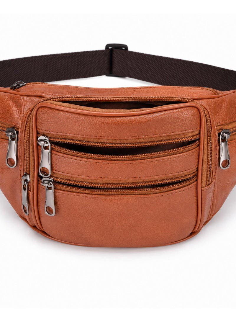 zoba Men's premium genuine leather waist bag with multiple pockets – a practical waist bag with sturdy metal zippers – stylish and lightweight design – ideal for keeping your mobile phone, wallet, and keys secure while out and about, traveling, and on your daily commute.(Havana) - Image 5