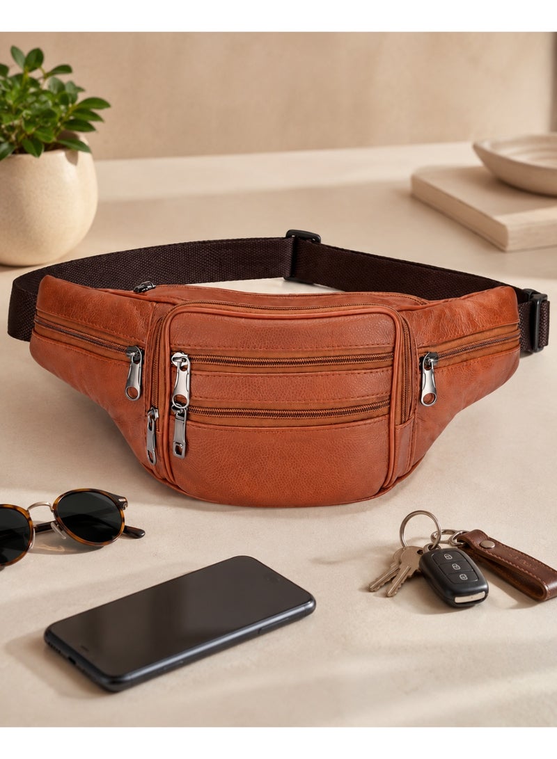 zoba Men's premium genuine leather waist bag with multiple pockets – a practical waist bag with sturdy metal zippers – stylish and lightweight design – ideal for keeping your mobile phone, wallet, and keys secure while out and about, traveling, and on your daily commute.(Havana) - Image 4