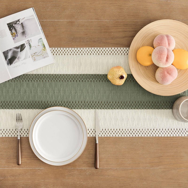 ZeeMart Macrame Style Bicolor Stitching Table Runner, 14 x 60 Inch Green/Ivory, Boho Sage Green Table Runners 60 Inches Long, Farmhouse Woven Home Decor - Image 4