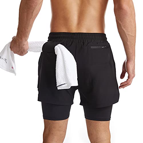 Surenow Mens 2 in 1 Running Shorts Quick Dry Athletic Shorts with Liner, Workout Shorts with Zip Pockets and Towel Loop Black - Image 2