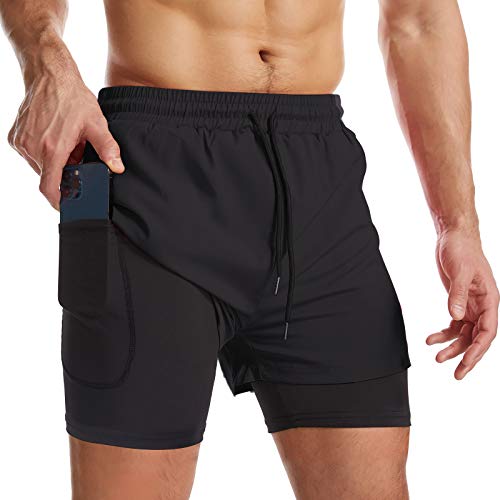 Surenow Mens 2 in 1 Running Shorts Quick Dry Athletic Shorts with Liner, Workout Shorts with Zip Pockets and Towel Loop Black - Image 1