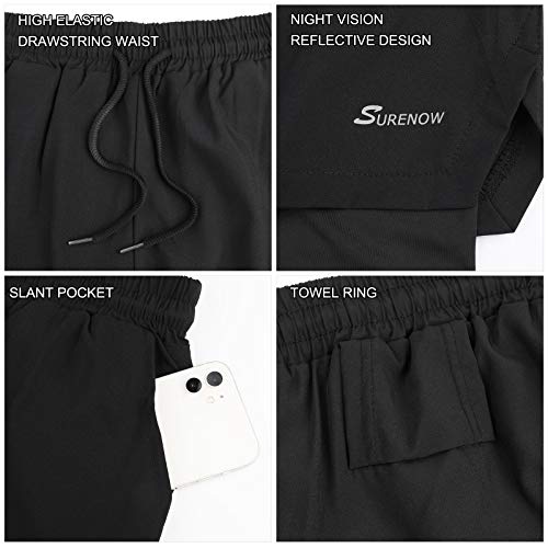 Surenow Mens 2 in 1 Running Shorts Quick Dry Athletic Shorts with Liner, Workout Shorts with Zip Pockets and Towel Loop Black - Image 4