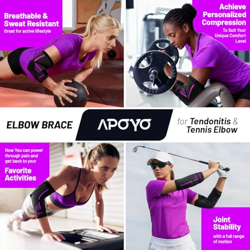 APOYO Elbow Brace for Tendonitis and Tennis Elbow, Elbow Compression Sleeve, Elbow Brace for Women and Men w/ Adjustable Strap for Tennis Elbow Relief, Weightlifting, Arthritis, Workouts, Reduce Joint Pain During Fitness Activity (Purple, Medium) - Image 2