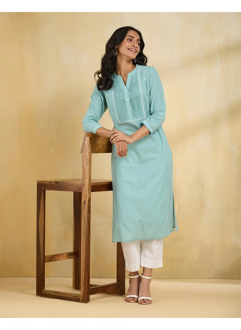 Fabindia Light Blue Cotton Embroidered Long Kurta