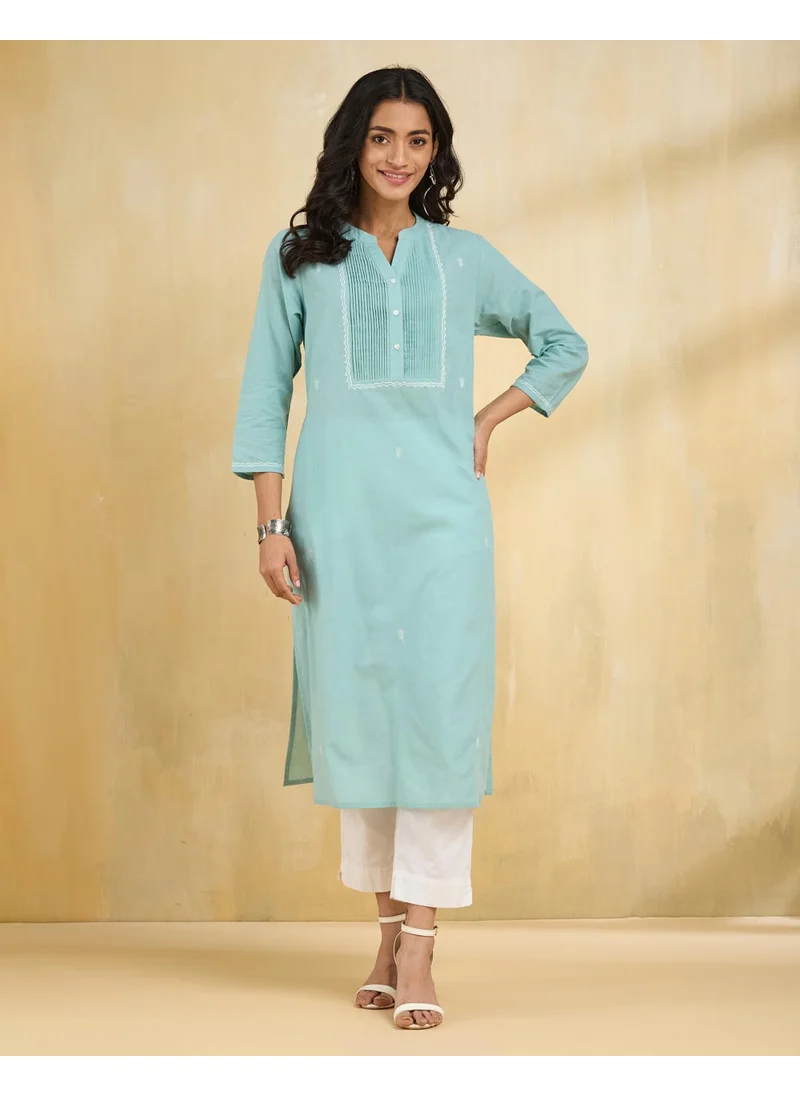 فاب انديا Light Blue Cotton Embroidered Long Kurta