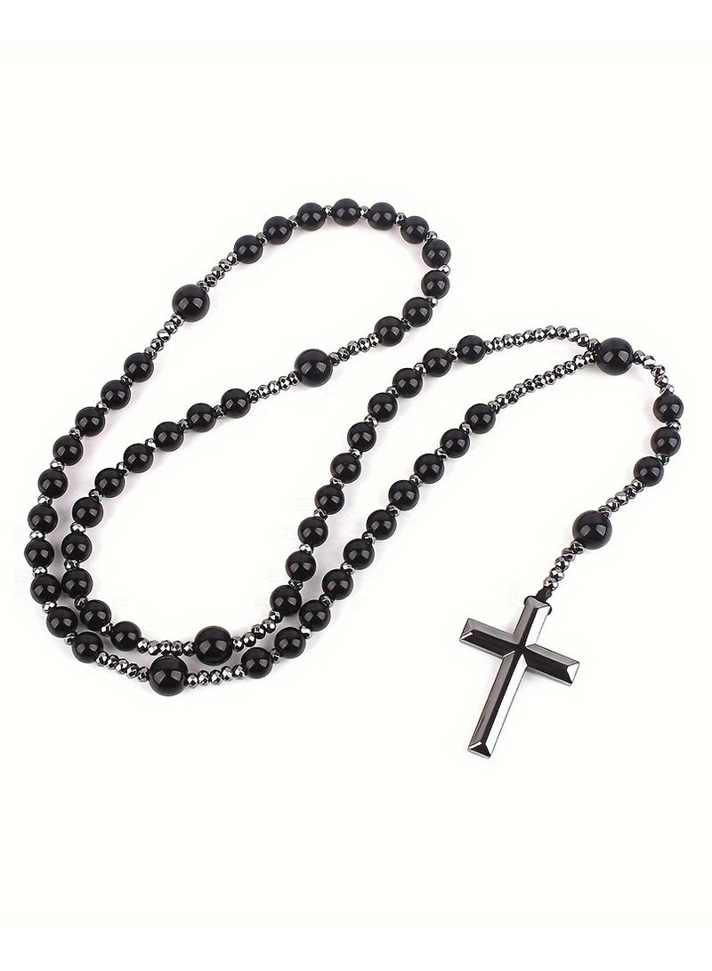 Catholic Rosary Necklace – Black Hematite Beads with Cross Pendant, Long Unisex Fashion Accessory - Image 2