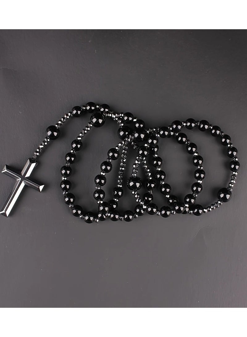 Catholic Rosary Necklace – Black Hematite Beads with Cross Pendant, Long Unisex Fashion Accessory - Image 1