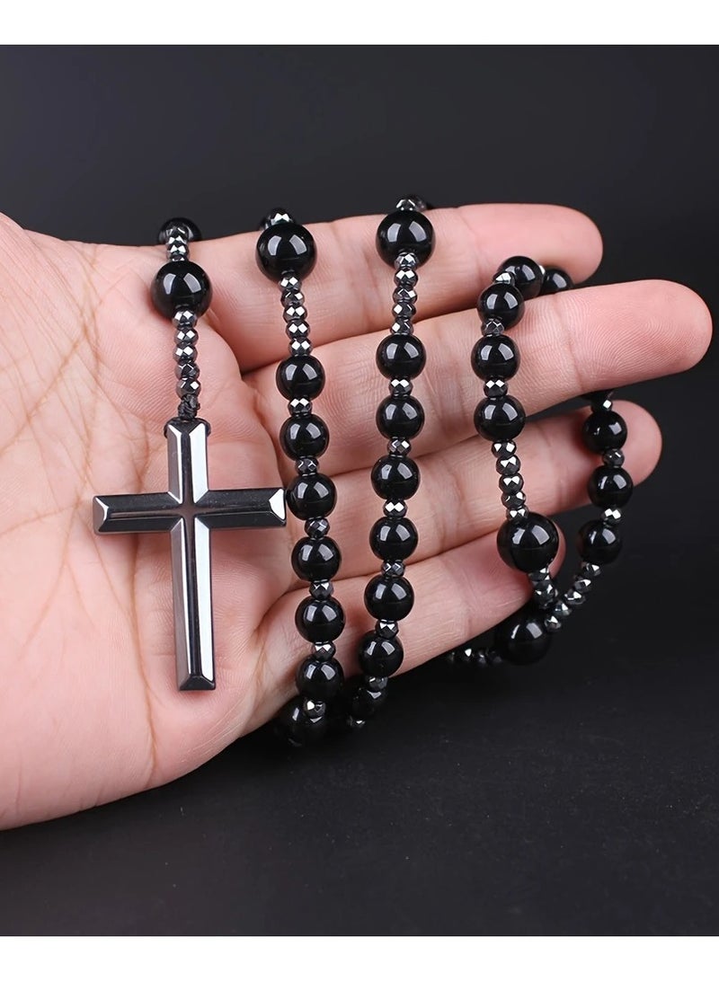 Catholic Rosary Necklace – Black Hematite Beads with Cross Pendant, Long Unisex Fashion Accessory - Image 3