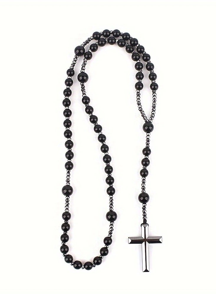 Catholic Rosary Necklace – Black Hematite Beads with Cross Pendant, Long Unisex Fashion Accessory - Image 4