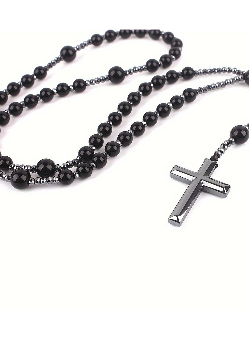 Catholic Rosary Necklace – Black Hematite Beads with Cross Pendant, Long Unisex Fashion Accessory - Image 5