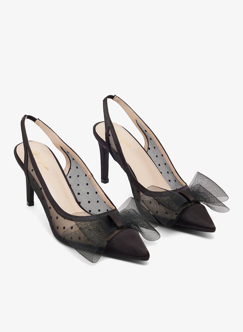 Ginger High Heel Mesh Sling Back Pumps With Bow Detail - Image 5
