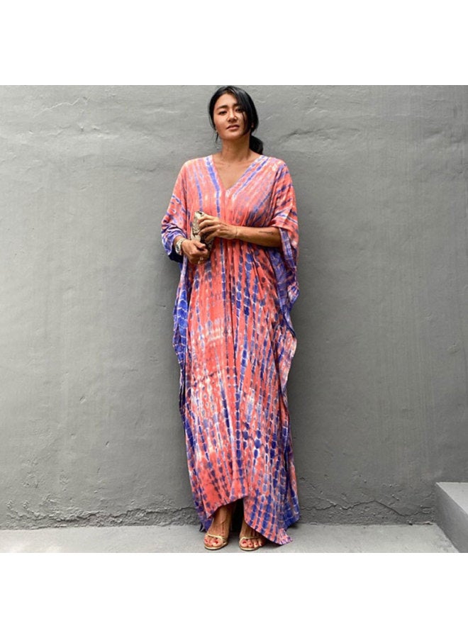 European And American Rayon Tie-dyed Beach Dress Loose Gown Seaside Holiday Bikini Swimsuit Outer Blouse Sunscreen Shirt For Women-Color:West Red Purple (ZS1657-13)-  - Image 1
