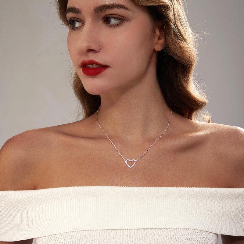 Zeffy Silver Heart Necklace Cubic Zirconia Open Heart Choker Necklaces Trendy Dainty Simple Silver Jewelry for Women Gifts - Image 3