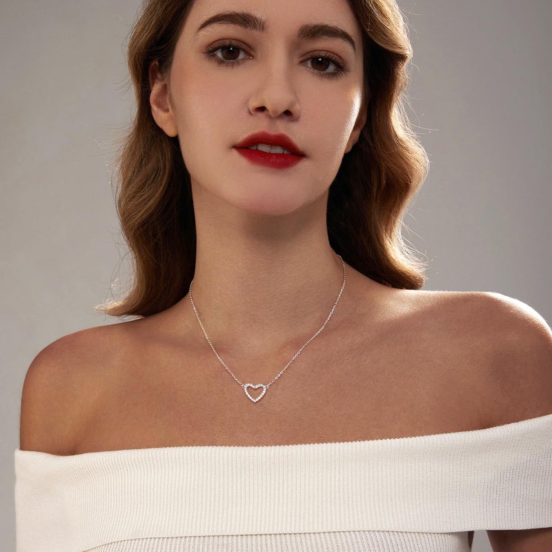Zeffy Silver Heart Necklace Cubic Zirconia Open Heart Choker Necklaces Trendy Dainty Simple Silver Jewelry for Women Gifts - Image 4