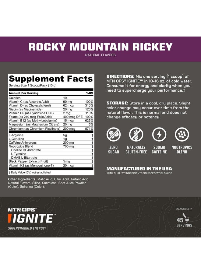 MTN OPS MTN OPS Ignite Energy Drink Powder, Gluten Free Nitric Oxide Supplement Drink Mix, L Arginine, L Citrulline, Caffeine & Nootropic Sugar Free Drink Mix, 45 Servings, Rocky Mountain Rickey  - Image 1