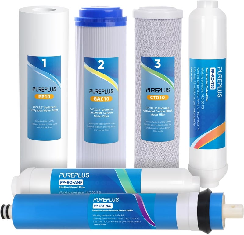 Pure Plus Reverse Osmosis Replacement Water Filters Pack Set for Standard 6 Stage Reverse Osmosis RO Systems with 75 GPD RO Membrane, Stage 1 to 6, Under Sink Replacement Cartridge Filters - Image 1