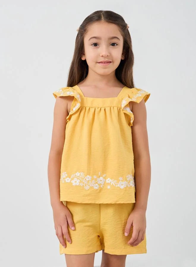 Styli Styli Girls Embroidered Ruffled Sleeves Blouse and Shorts Set