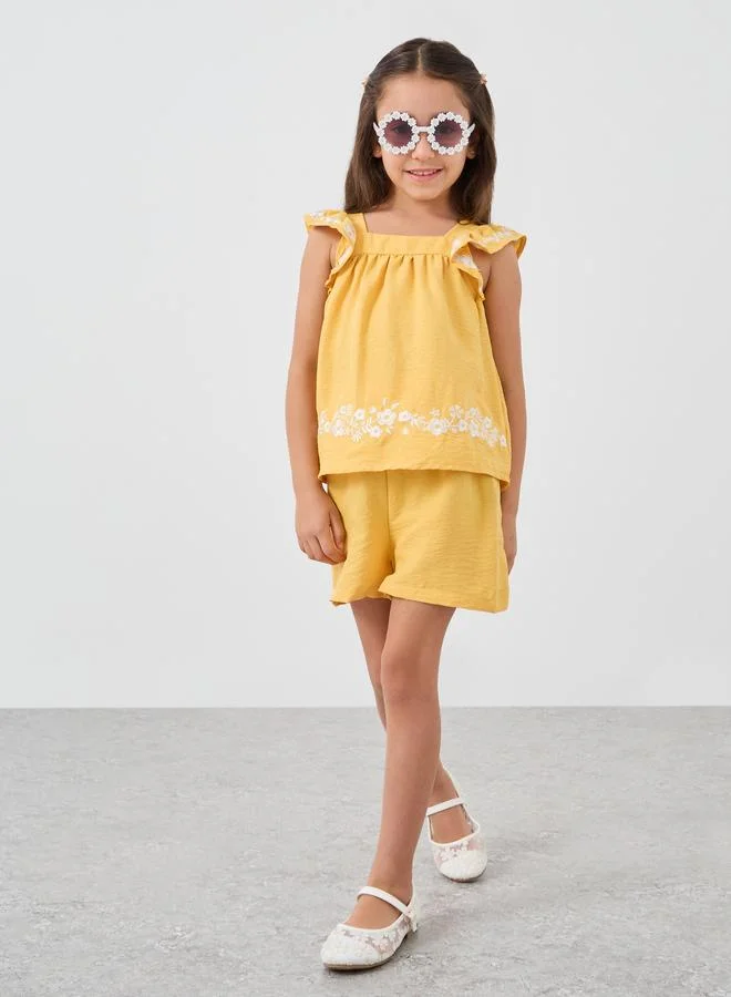 Styli Styli Girls Embroidered Ruffled Sleeves Blouse and Shorts Set