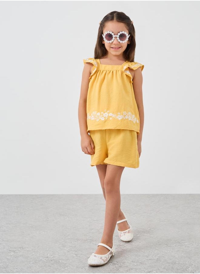 Styli Styli Girls Embroidered Ruffled Sleeves Blouse and Shorts Set  - Image 1