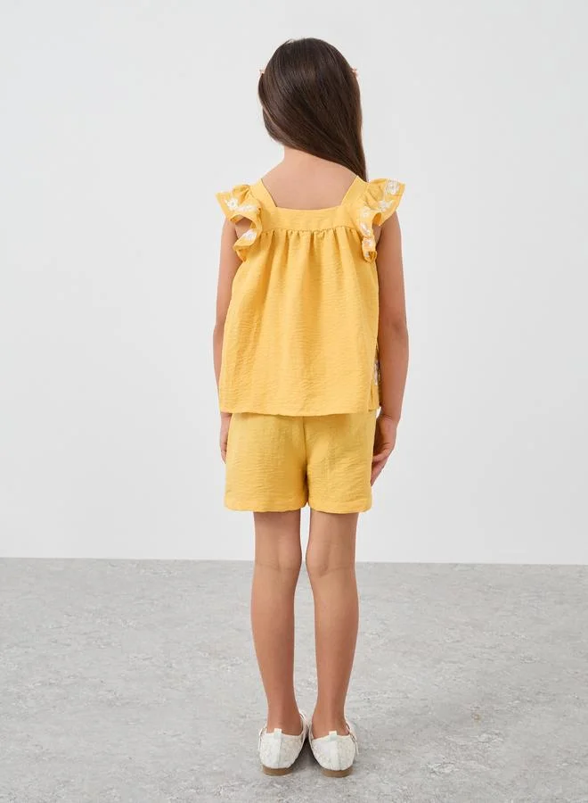 Styli Styli Girls Embroidered Ruffled Sleeves Blouse and Shorts Set