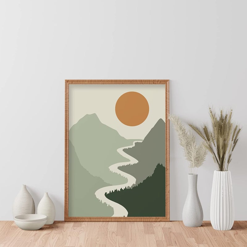 LIYAOLI Boho Green Wall Decor Sun Mountain Landscape Wall Art Danish Pastel room Decor Mid Century Abstract Unframed Art Print 8x10 inch Set of 4 Nature Wall Art Prints for Living Room Bedroom Office Decor - Image 4