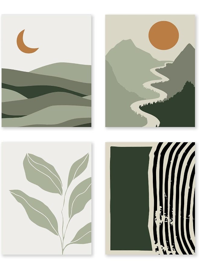 LIYAOLI Boho Green Wall Decor Sun Mountain Landscape Wall Art Danish Pastel room Decor Mid Century Abstract Unframed Art Print 8x10 inch Set of 4 Nature Wall Art Prints for Living Room Bedroom Office Decor - Image 1