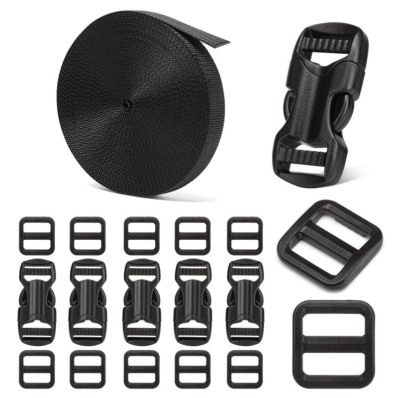 BEYOURD 58 Buckle and Strap Set 6 Yards of Thick Nylon Webbing 6 Pack Quick Side Release Adjustable Plastic Buckles 12 TriGlide Slide Clips Black 58 Combo Set