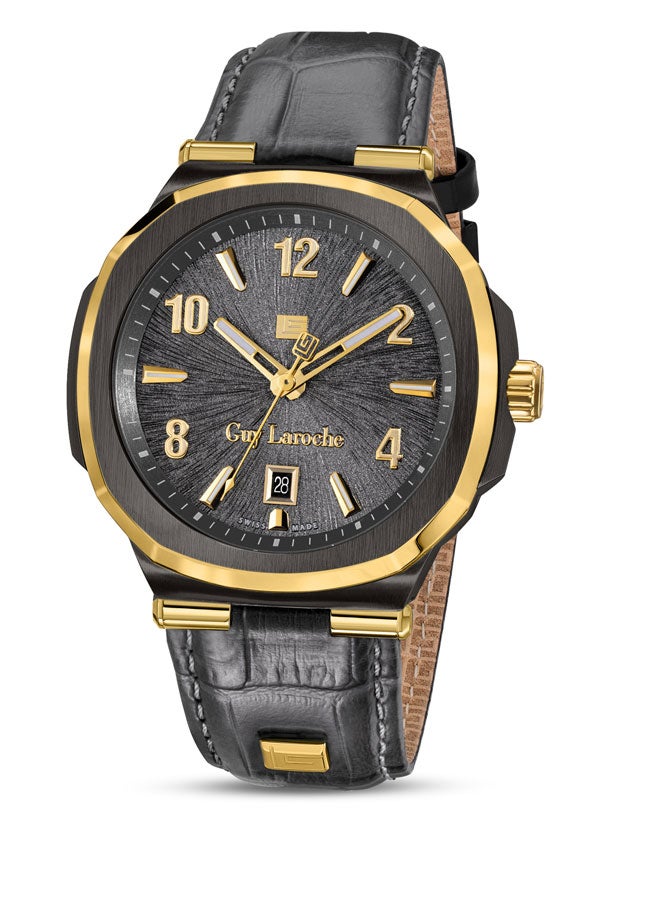 Guy Laroche Charlie 45.5mm Gents Swiss Quartz Watch with Cool Grey Patterned Dial, Textured Grey Leather Strap & Sapphire Glass  - Image 1