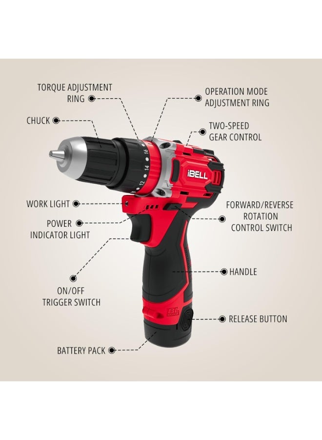iBELL 12V Cordless Brushless Impact Drill Tool Kit | 30Nm Torque | 1450 RPM | 10mm Chuck | 2-Speed Mode | LED Light | 2000mAh Li-ion Battery | 101 Accessories | Ideal for Home & DIY - Image 2