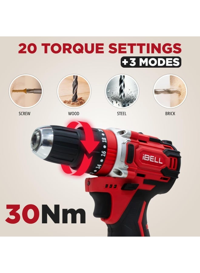 iBELL 12V Cordless Brushless Impact Drill Tool Kit | 30Nm Torque | 1450 RPM | 10mm Chuck | 2-Speed Mode | LED Light | 2000mAh Li-ion Battery | 101 Accessories | Ideal for Home & DIY - Image 3