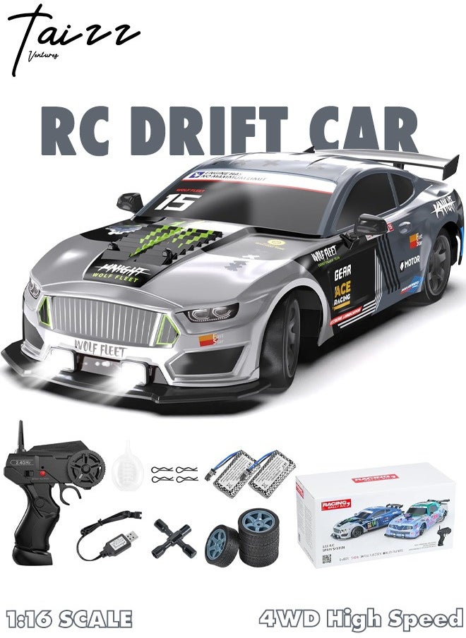 Taizz Ventures - 1:16 Scale Remote Control Car RC Drift Car 4WD 18KM/H High Speed Model Vehicle 2.4GHz with LED Lights Spray Rubber Tire Racing Sport Toy Car for Adults Boys Girls Kids Gift 2Pcs Rechargeable Batteries - Navy Blue - Image 1