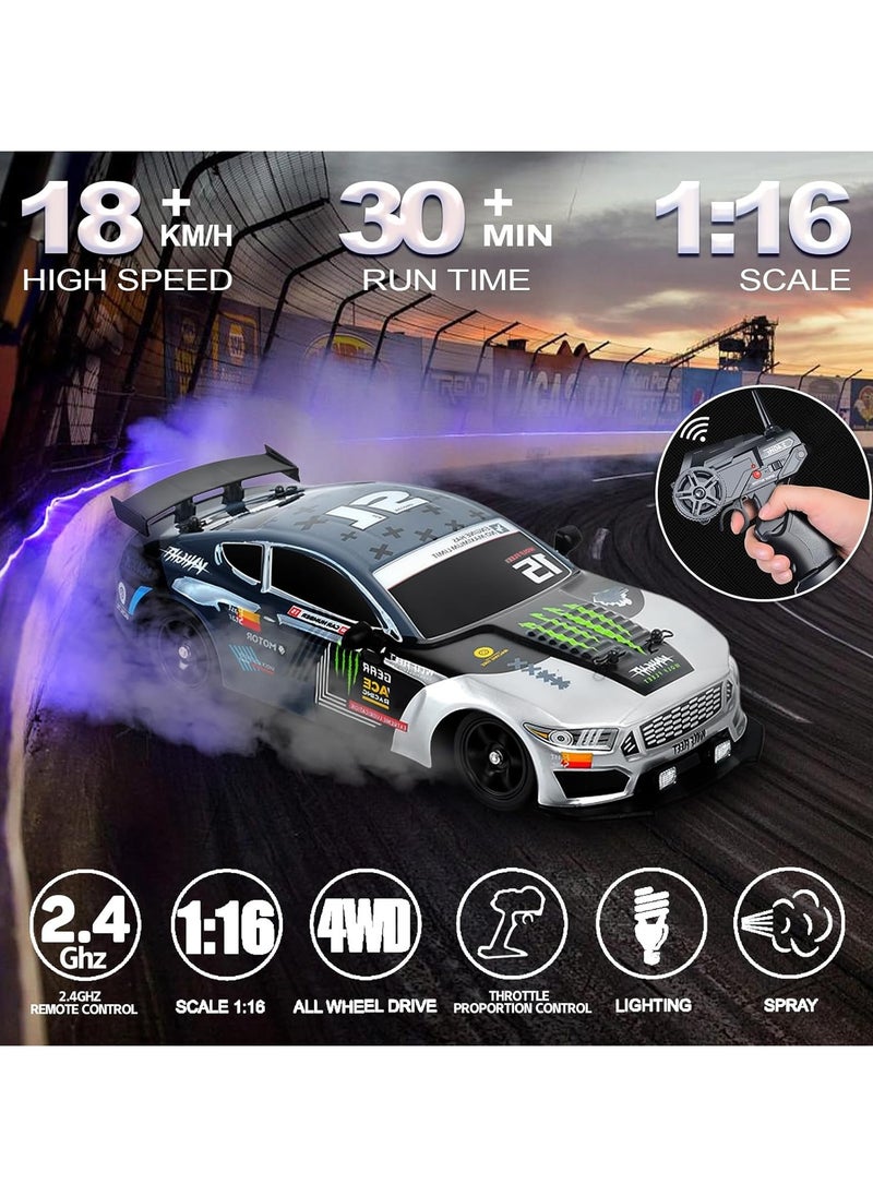 Taizz Ventures - 1:16 Scale Remote Control Car RC Drift Car 4WD 18KM/H High Speed Model Vehicle 2.4GHz with LED Lights Spray Rubber Tire Racing Sport Toy Car for Adults Boys Girls Kids Gift 2Pcs Rechargeable Batteries - Navy Blue - Image 1