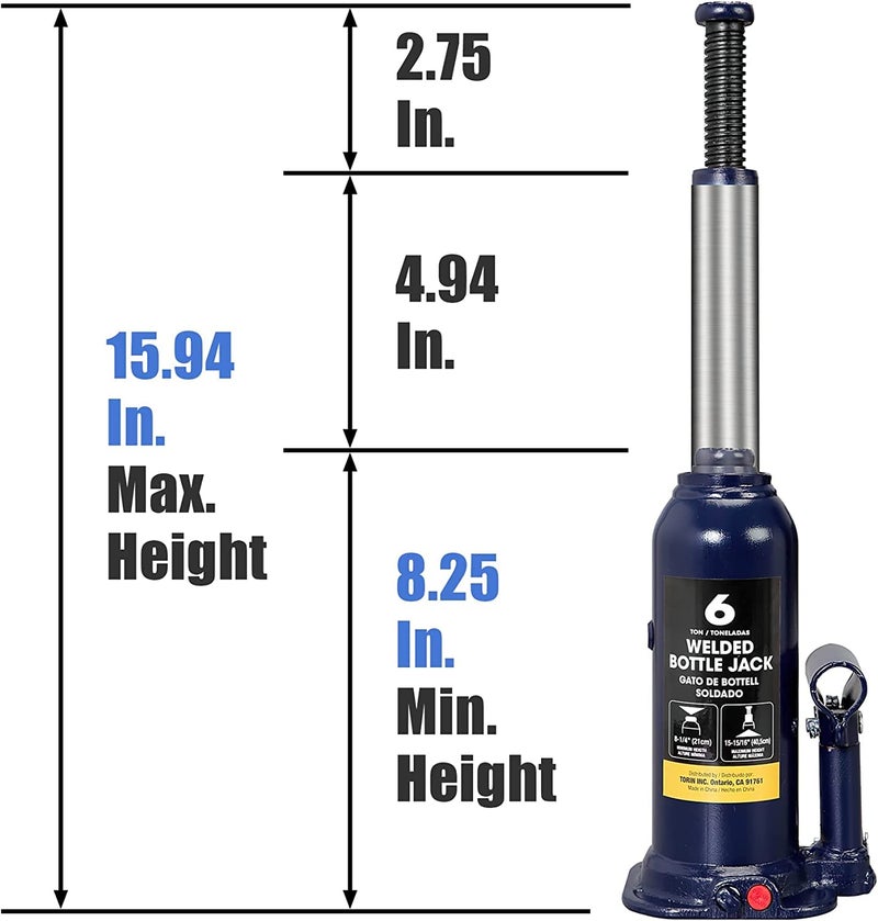 Big RED AT90603UR Torin Welded Hydraulic Car Bottle Jack for Auto Repair and House Lift, 6 Ton (12,000 lb), Blue - Image 2