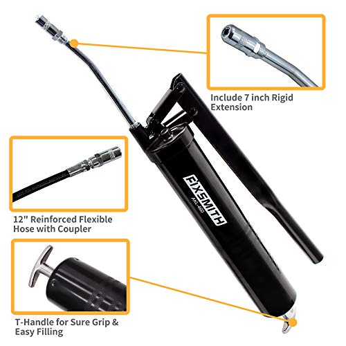 FIXSMITH Professional Lever Action Grease Gun- Heavy Duty Construction-10,000 PSI Max Pressure,Includes 12" Reinforced Flex Hose & 7" Rigid Extension,2-Way Loading-14 oz.Cartridge & Bulk Fill. - Image 2