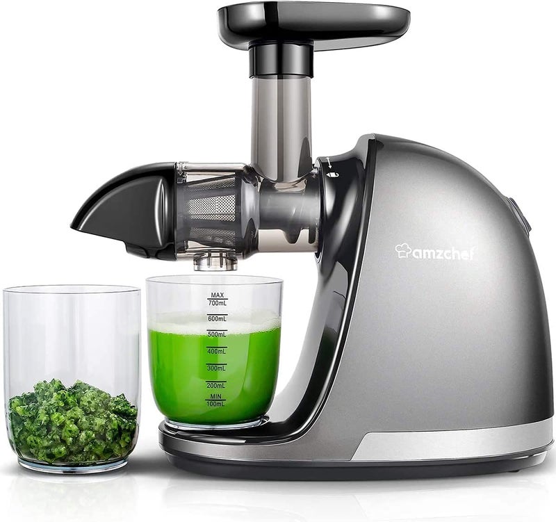 AMZCHEF Cold Press Masticating Juicer Machine 90 Yield Reverse System Quiet Motor for Home Breakfast 3Step Clean with Brush Includes 50 Juice Recipes Light Grey