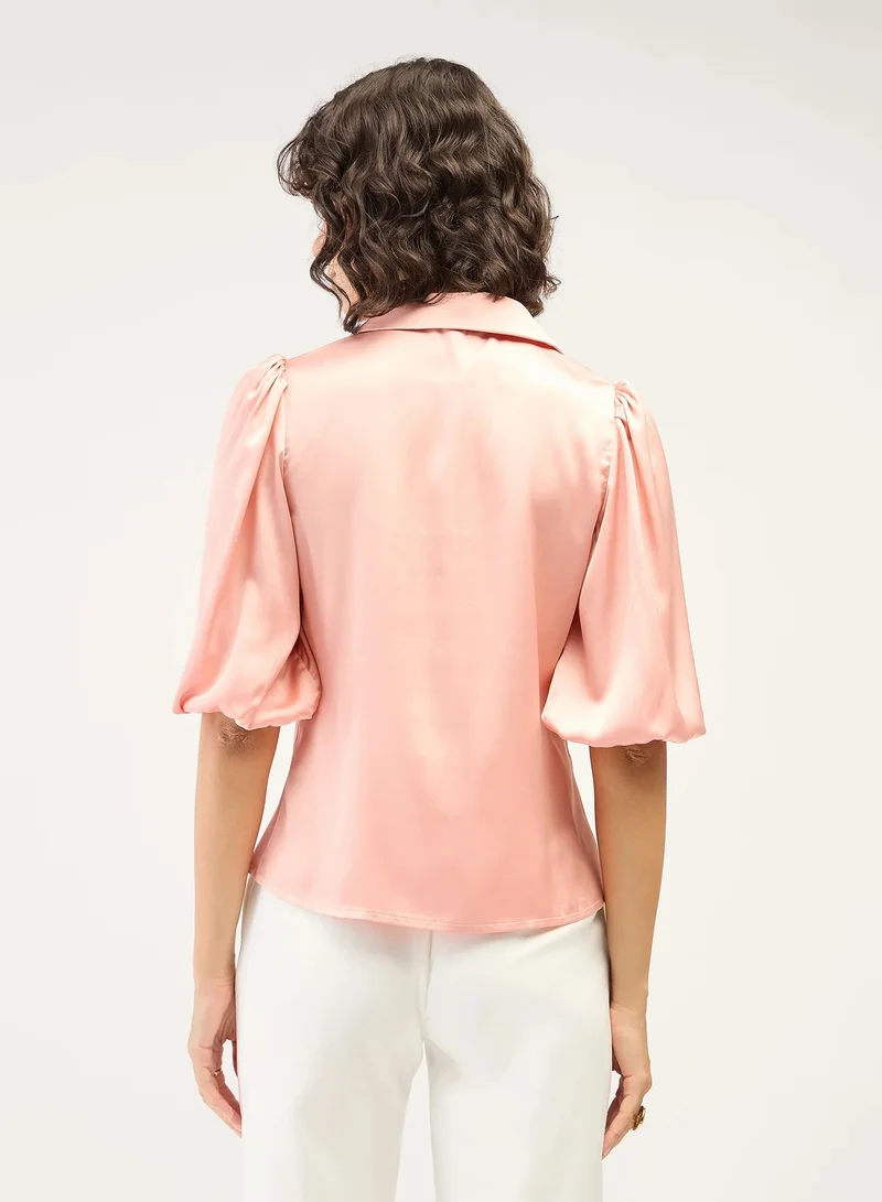 سولت اتاير Women's Versatile Top with Notched Collar, Front Pleat Detail & 3/4 Blouson Sleeves | Elegant, Easy-Maintenance Design for Effortless Day-to-Night Styling