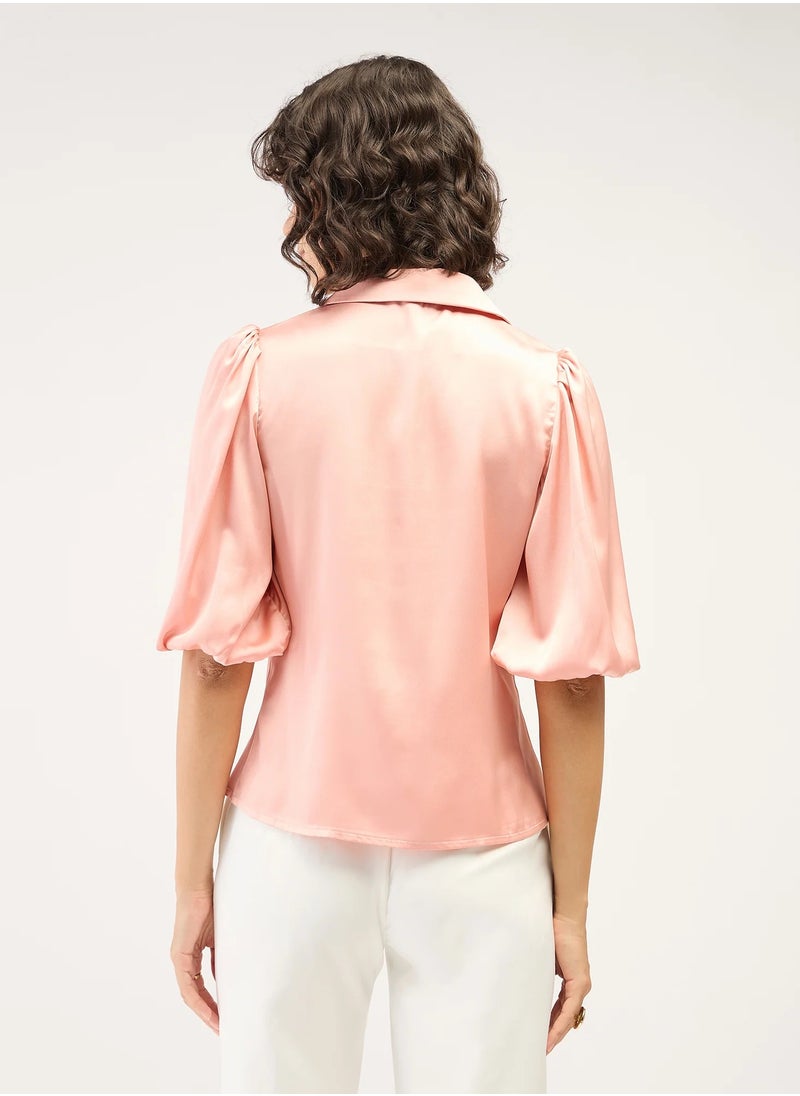 Salt Attire Women's Versatile Top with Notched Collar, Front Pleat Detail & 3/4 Blouson Sleeves | Elegant, Easy-Maintenance Design for Effortless Day-to-Night Styling  - Image 2