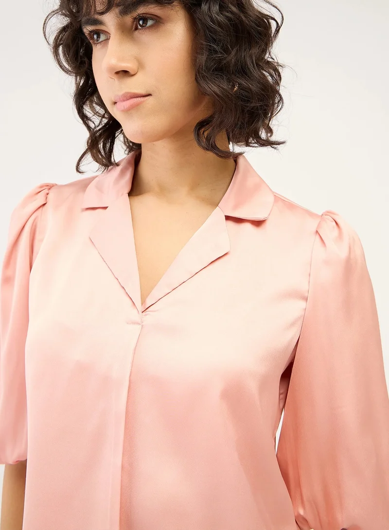 Salt Attire Women's Versatile Top with Notched Collar, Front Pleat Detail & 3/4 Blouson Sleeves | Elegant, Easy-Maintenance Design for Effortless Day-to-Night Styling