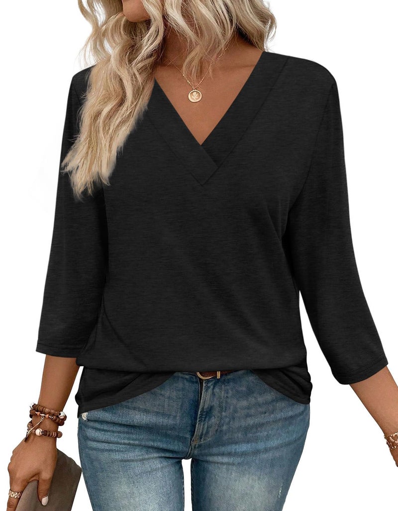 WIHOLL 3/4 Length Sleeve Womens Tops Dressy V Neck Black Blouses for Women Summer Business Casual S - Image 1